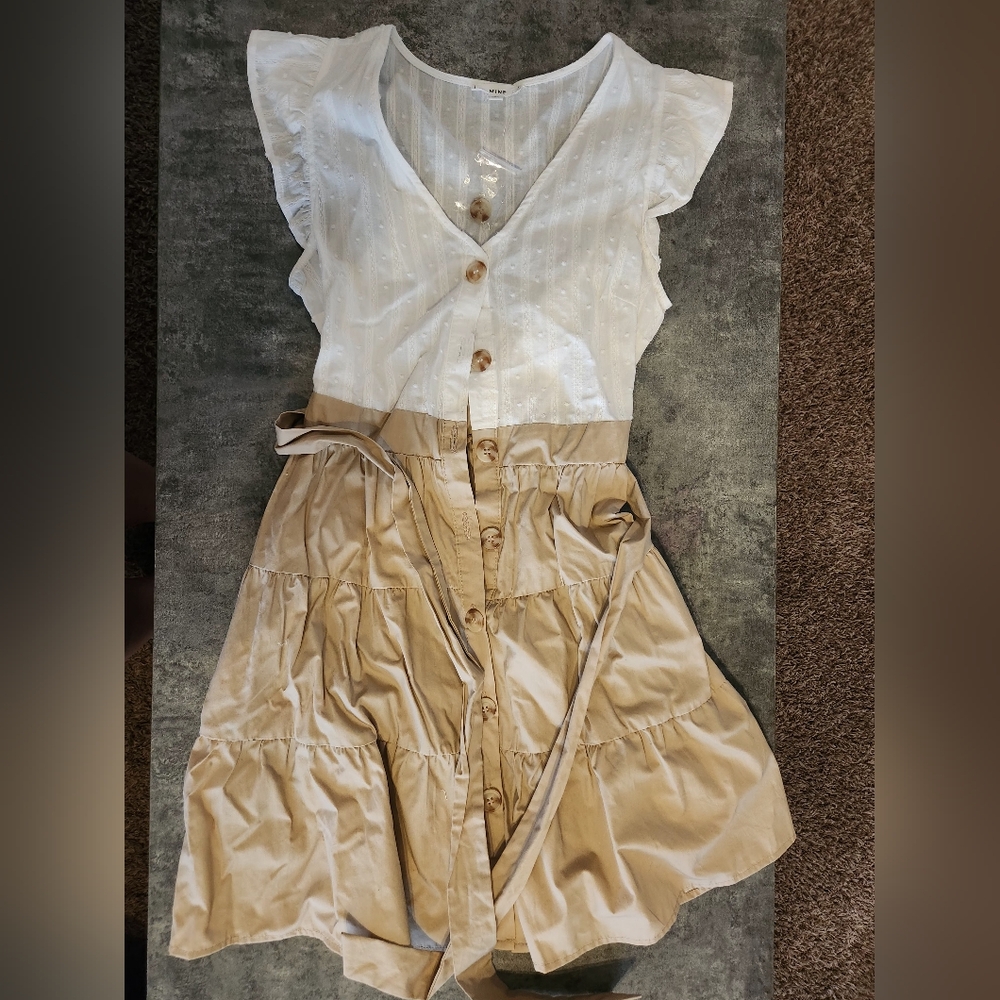 Mine Flutter Sleeve Button Down White Tan A-Lind Mini Dress Cap Sleeve Sz Small